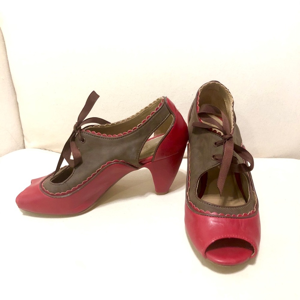 Red leather lace tie peep toe high heels